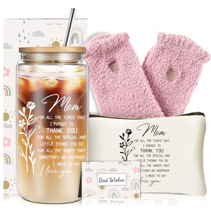 DHQH Birthday Gifts for Mom, Mothers Day Gifts from Daughter Son, 16oz Mom Ice Coffee Glass Cup with Makeup Bag, Christmas Gift Ideas for Mommy Mama Friends - style: mom thank you