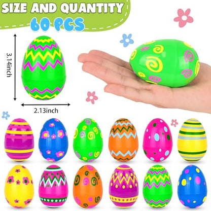 60 PCS 3.1" Plastic Printed Easter Eggs Bulk, Bright Colorful Fillable Empty Easter Eggs Bulks for Egg Hunt, Kids Easter Basket Stuffers Fillers Classroom Prizes Rewards Party Favors for Boys Girls - style: 60 PCS 3.1" Printed Easter Eggs