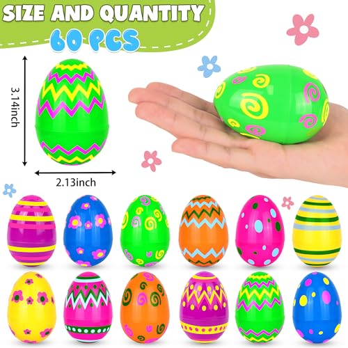 60 PCS 3.1" Plastic Printed Easter Eggs Bulk, Bright Colorful Fillable Empty Easter Eggs Bulks for Egg Hunt, Kids Easter Basket Stuffers Fillers Classroom Prizes Rewards Party Favors for Boys Girls - style: 60 PCS 3.1" Printed Easter Eggs