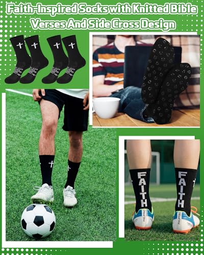 Chicingyou 12 Pairs Cross Grip Soccer Socks, Philippians 4:13 Bible Verse Christian Anti Slip Football Socks for Men Women - color: Black