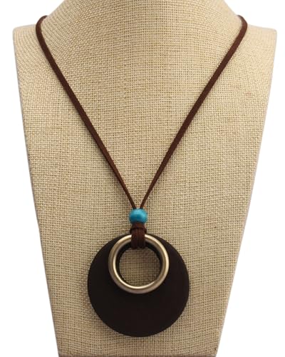 Leather Necklace for Women Long Boho Pendant Hippie Choker Necklace Bohemian Layered Leather Rope Wooden Jewelry Gifts - style: Leather Cord Wooden Pendant