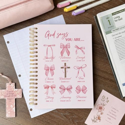 Bible Pink Bow Notebook Journal for Women, Christian Girl Energy Journal, Christian Study Notebook, Cute Preppy Bible Study Spiral Notebook for Bible Notes 5.5 x 8.3 - color: Pink God Says