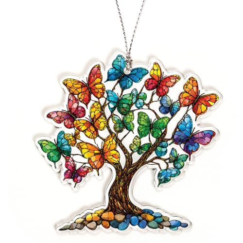 Butterfly Christmas Tree Ornaments 2026 for Christmas Tree Decorations, Colorful Stained Glass Style, Tree of Life Acrylic Hanging Ornament, Butterfly Gifts for Women, Mom and Grandma Christmas - color: Butterfly Tree of Life