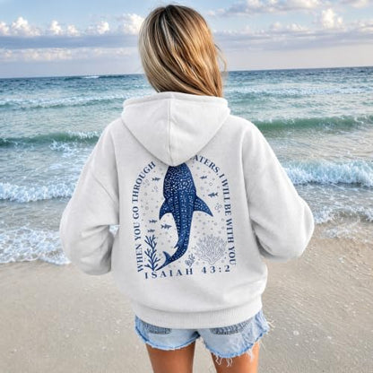 BeWithYou Christian Whale Shark Hoodies for Women Jesus Faith Sweatshirts God Religious Hoodie Bible Verse Graphic Pullover - color: Heather White, size: XX-Large