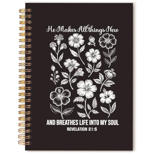 Boho Black Floral Christian Prayer Notebook Journal, Christian Gifts, Religious Bible Verse Spiral Hardcover Notebook Journal for Study Office Work, 5.5x8.3 Inch - color: Black Flowers & Bible