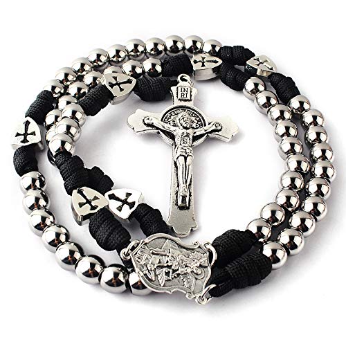HanlinCC Catholic Stainless Steel Paracord Rosary St.Michael Medal for Men - color: Black Paracord Rosary
