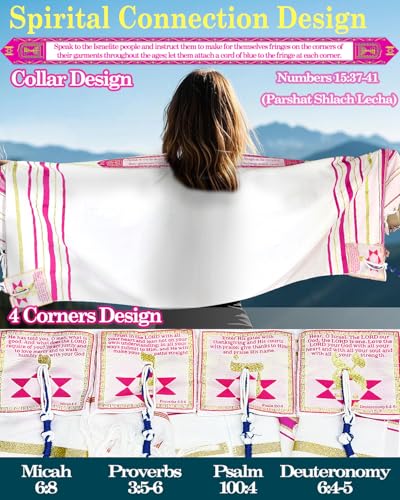 Tallit Prayer Shawl 72"x 22" with Bag & Pre-Attached Tzitzits For Men & Women, Tallit Torah-Inspired Design - color: Pink