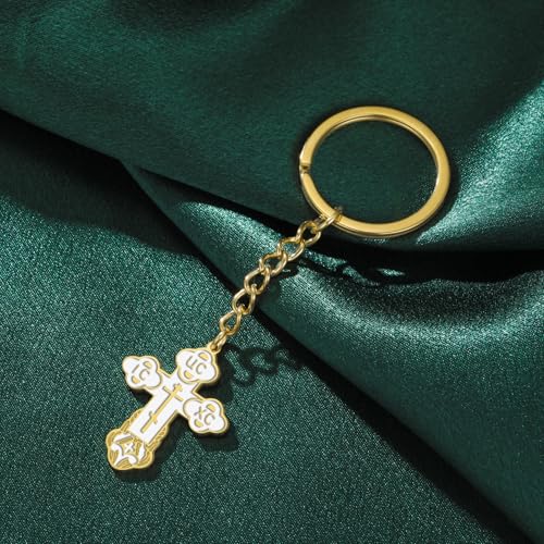TEAMER Cross Keychain Russian Orthodox Crucifix Eastern Church Keychain Religious Christian Prayer Jewelry for Men Women - color: White Gold