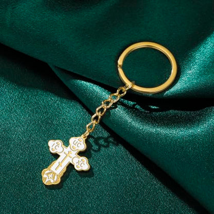 TEAMER Cross Keychain Russian Orthodox Crucifix Eastern Church Keychain Religious Christian Prayer Jewelry for Men Women - color: White Gold