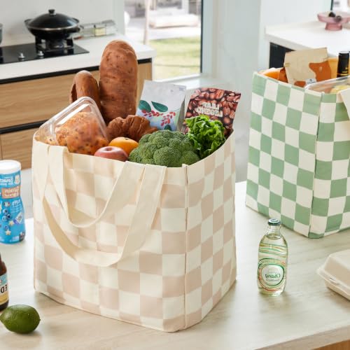 Checkered Reusable Grocery Bags, Cute Checkerboard Large Canvas Tote Bag, Reusable Shopping Bags Farmers Market Bag - color: Beige