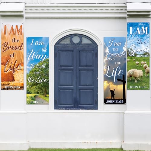 chiazllta 4Pcs Church Banners for Sanctuary Wall Welcome Religious Hanging Backdrop Christian Bible Verse Banner Scenic Pattern Inspirational Christian Decor for Church Sunday School Decoration