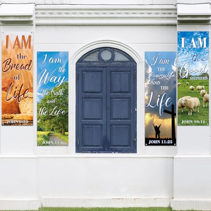 chiazllta 4Pcs Church Banners for Sanctuary Wall Welcome Religious Hanging Backdrop Christian Bible Verse Banner Scenic Pattern Inspirational Christian Decor for Church Sunday School Decoration