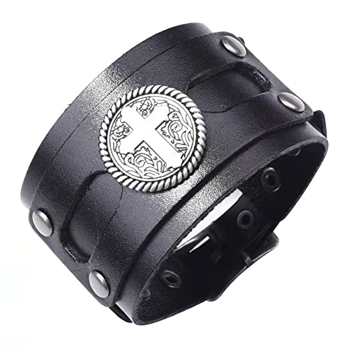 NIGHTCRUZ Wide Leather Bracelet with Cross, Medieval Leather Cuff Wristband for Mens - color: Black