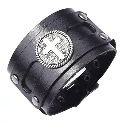 NIGHTCRUZ Wide Leather Bracelet with Cross, Medieval Leather Cuff Wristband for Mens - color: Black