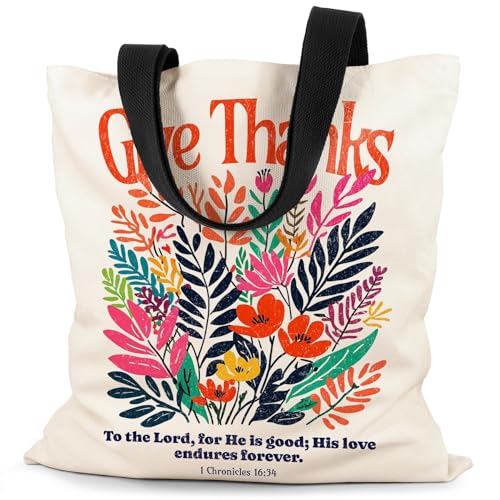 Canvas Tote Bag Aesthetic for Women, Cute Tote Bag with Zipper Pocket, Heavy Duty Reusable Shopping Bags for Grocery - color: 06-bible Give Thanks