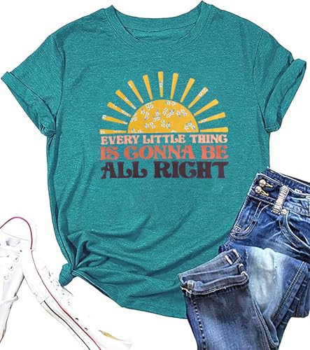 Every Little Thing is Gonna Be Alright Shirt Women Country Music Tshirt Hippie Gift Shirt Vintage Graphic Tees Top - color: Cyanblue, size: Small