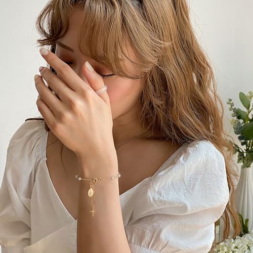 Rosary Bracelet for Women, Dainty 14K Gold Plated Virgin Mary Cross Charm Bracelet Catholic First Communion Baptism Religious Gifts for Her - color: Style A：Dainty Rosary