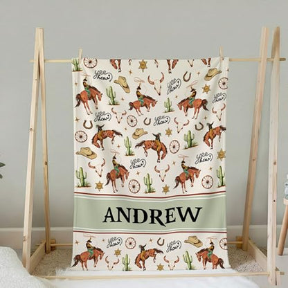 Personalized Cowboy Baby Blanket, Cute Farm Cow Western Pattern Design, Custom Name Toddler Kids Blanket Throw, Rustic Nursery Decor - color: Cowboy Blanket#1