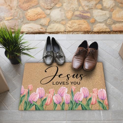 Christian Tulip Floral Faux Coco Coir Doormat Door Mat 30x17 Inch - color: Tulip