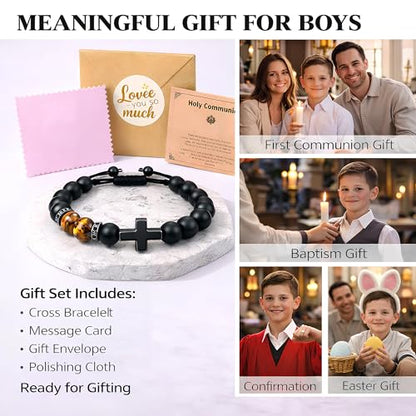 Christian Cross Bracelet Gift for Men Boys Adjustable Beaded Cross Bracelet Religious Jewelry with Message Card for Communion Baptism Confirmation Easter - style: Classic Cross Joshua 1 9