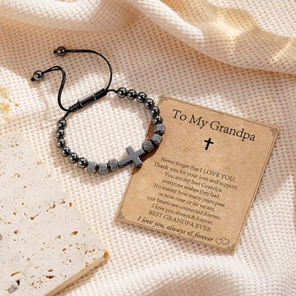 Cross Bracelet for Boys Teens, Adjustable Obsidian Beads Bracelets Christian Religious Jewelry Gifts for Teen Teenage Boys - style: To My Grandpa