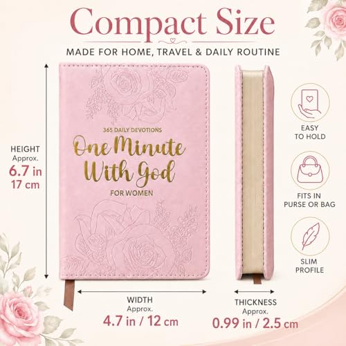 One Minute With God for Women, 365 Daily Devotionals for Women with Bible Verses, Short Reflections & God’s Promises, Pink Faux Leather Christian Book, Inspirational Gift for Her