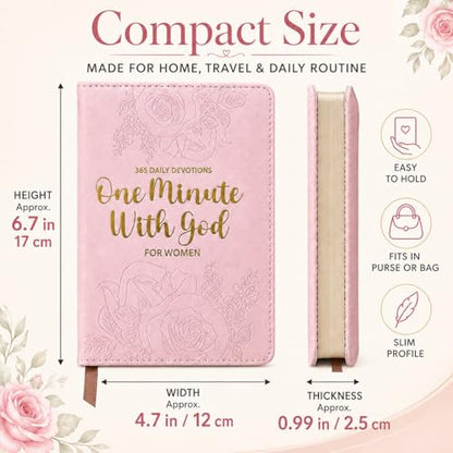 One Minute With God for Women, 365 Daily Devotionals for Women with Bible Verses, Short Reflections & God’s Promises, Pink Faux Leather Christian Book, Inspirational Gift for Her
