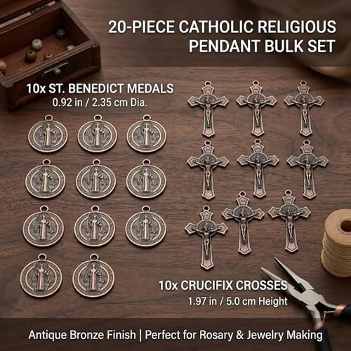 20 Pcs Catholic Rosary Making Kit, 10 St. Benedict Medals & 10 Crucifix Cross Pendants, Antique Bronze Metal Charms Connectors for DIY Pocket Rosaries, Necklaces and Jewelry Crafts (Dark Bronze) - color: Dark Bronze