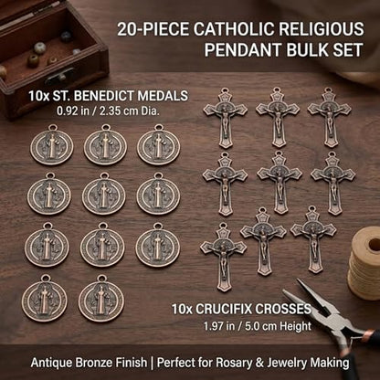20 Pcs Catholic Rosary Making Kit, 10 St. Benedict Medals & 10 Crucifix Cross Pendants, Antique Bronze Metal Charms Connectors for DIY Pocket Rosaries, Necklaces and Jewelry Crafts (Dark Bronze) - color: Dark Bronze