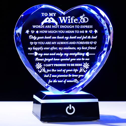 Arikyrist Romantic Wife Gift from Husband with Colorful LED Base Anniversary Birthday Gifts for Wife Crystal Keepsake I Love You Gift for Her on Mothers Day Valentine Christmas - color: Wife Gifts + Light Base
