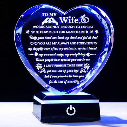 Arikyrist Romantic Wife Gift from Husband with Colorful LED Base Anniversary Birthday Gifts for Wife Crystal Keepsake I Love You Gift for Her on Mothers Day Valentine Christmas - color: Wife Gifts + Light Base