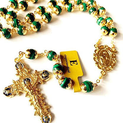 elegantmedical HANDMADE UNDOUBTED Malachite GOLD Rosary Prayer Beads Necklace Catholic Gift & Box