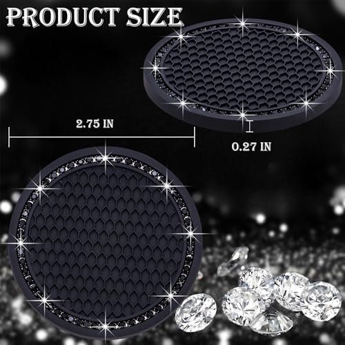 4PCS Bling Cup Holder Coaster, 2.75 Inch Auto Car Cup Holder Insert Coasters, Soft Silicone Anti-Slip Shockproof, Universal Vehicle Interior Accessories for Women Girls (Black) - color: Black & Black, size: 4 pcs