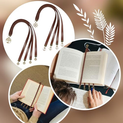 FINGERINSPIRE 2 Styles Leather Ribbon Bookmark 13.7x0.4 inch Cowhide Leather Bookmarks with 4 Ribbon Alloy Anchor Helm Tree of Life Pendant Saddle Brown Leather Bookmark for Women Men Book Lovers - color: Anchor & Life Tree Pendant