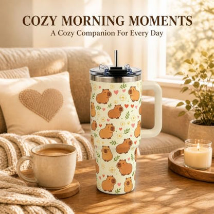 Capybara Tumbler 40 oz with Handle, Cute Capybara Gifts for Women Girls, Insulated Stainless Steel Cup with Straw, Funny Animal Lover Gift for Capybara Fans - color: Capybara1