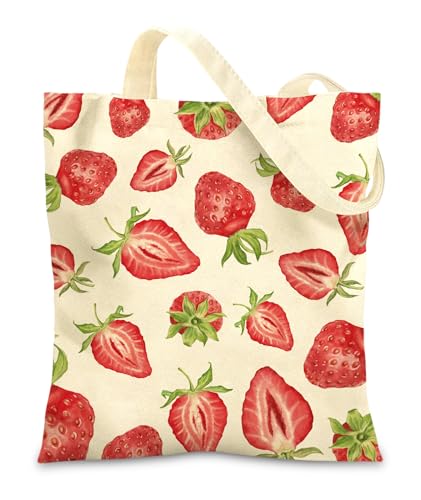 Women's Canvas Tote Bags with Inner Pockets & Metal Snap, Reusable Tote Bag for Girl's Vacation Travel Gym Shopping - color: Red Strawberry