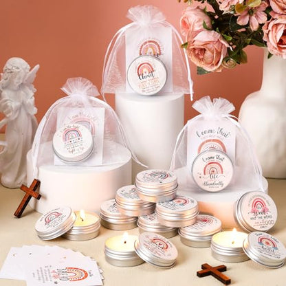 Yuntau 48 Pack Christian Scented Candle Bulk Bible Verse Candle with Scripture Cards Gift Bags 0.3 oz Religious for Women Church Baptism Prayer Party Guest(Boho,Rainbow)