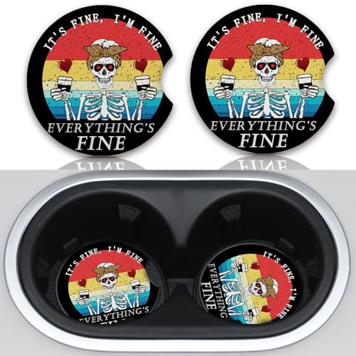 Funny Skull with Coffee Cup Holders Car Coasters Set for Women/Men,Absorbent Cup Car Holders, 2 Pack Universal Neoprene Coasters with A Finger Notch - color: Funny Skull With Coffee