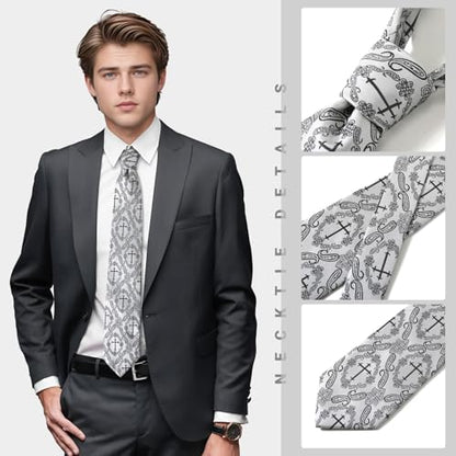 Men's 3.27 Inch (8.3CM) Christian Jesus Easter Novelty Tie Gift Box - color: Silver-cross+paisley
