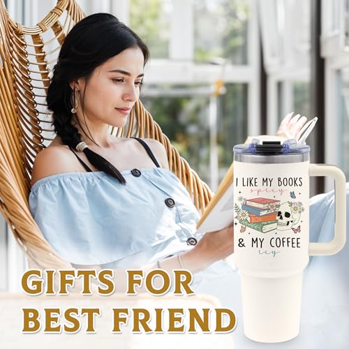 Book Lovers Gifts for Women, 40oz Tumbler with Handle & Straw - color: Bookcoffee-White