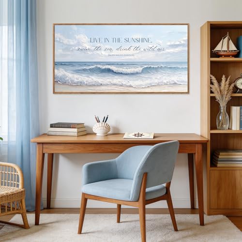 Aurlan 3D Textured Blue Coastal Quotes Framed Canvas Wall Art 40x20 Inch - color: Ralph Waldo Emerson Quotes (3D Textured), size: 40"L x 20"W