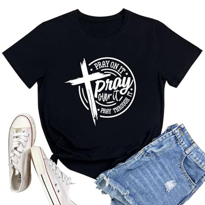 LOOKFACE Womens Pray Graphic Tees Cute Tops - color: Black, size: Large
