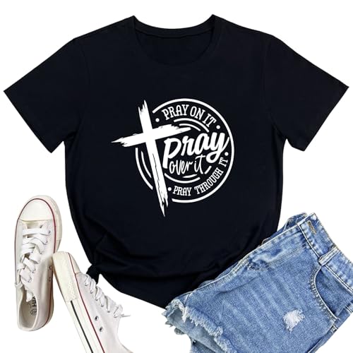 LOOKFACE Womens Pray Graphic Tees Cute Tops - color: Black, size: Large