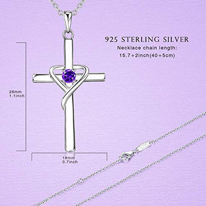 AmorAime 925 Sterling Silver Cross Necklace for Women Men 14K Gold Plated 5A CZ Birthstone Necklaces for Holiday - color: B.Purple-February-Amethyst