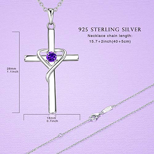 AmorAime 925 Sterling Silver Cross Necklace for Women Men 14K Gold Plated 5A CZ Birthstone Necklaces for Holiday - color: B.Purple-February-Amethyst
