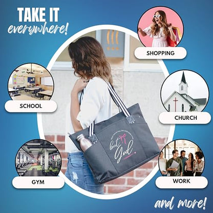 Brooke & Jess Designs Church Bags for Women - Bible Tote Bags for Women, Large Tote Bag for Womens with Zipper - color: Black Tessa But God