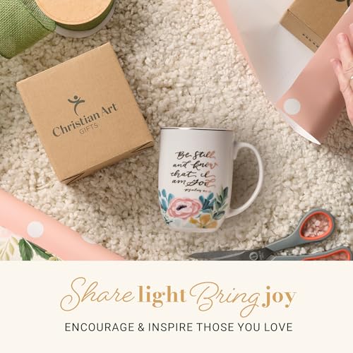 Christian Art Gifts Large Ceramic Coffee Mug: Psalm 46:10 Bible Verse - color: Be Still/White & Pink Floral