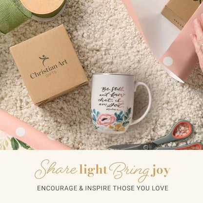 Christian Art Gifts Large Ceramic Coffee Mug: Psalm 46:10 Bible Verse - color: Be Still/White & Pink Floral