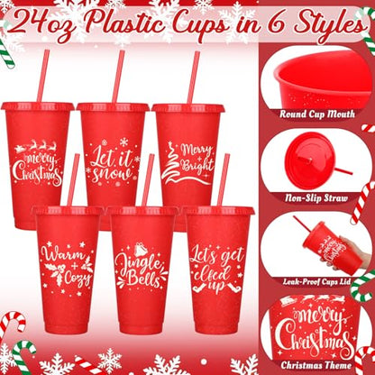 Funnymoom 24 Pcs Christmas Candy Cane Gifts Set Include 24 oz Merry Christmas Plastic Tumbler Cup with Lids and Straw Makeup Cosmetic Red Bag Crew Sock Keychain for Xmas Winter Friendmas Gifts - style: Candy