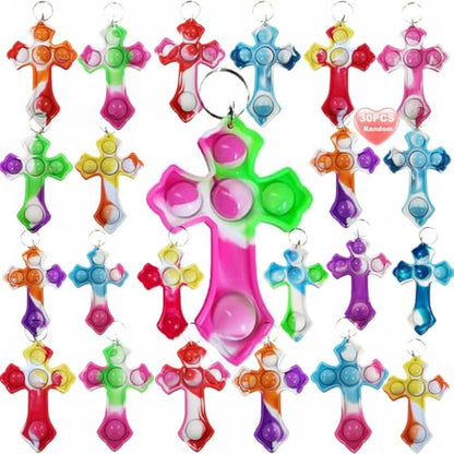 Goodangie00 30 Packs Rainbow Bulk Religion Cross Mini Pop Fidget Keychain Bubble Toy for Kids Classroom Treasure Chest Students Prizes，Birthday Goodie Bag Stuffers，Easter Party Favors Gifts